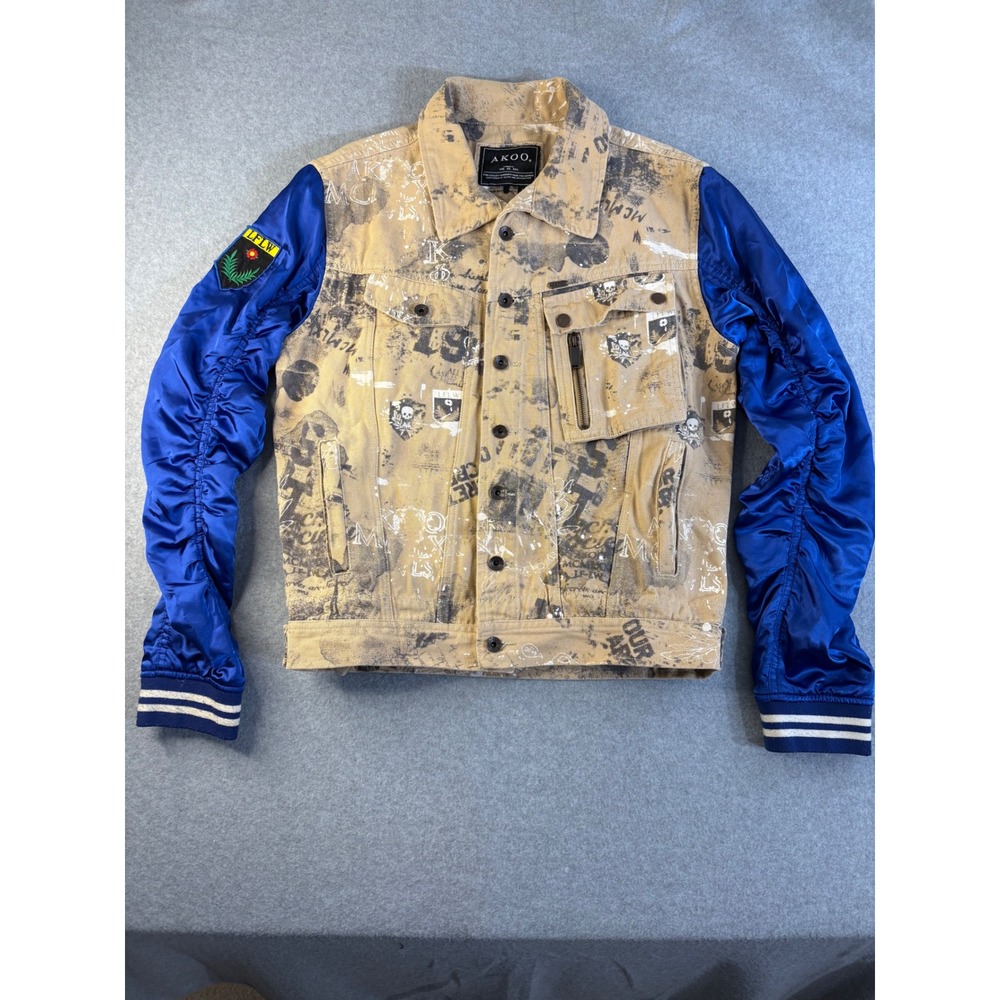 AKOO Mens Denim Jacket Tan Blue Satin Ruched Sleeves‎ Graphic Print Streetwear L
